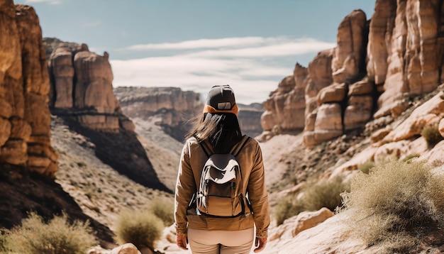 Photo back view of a hiker traversing a rocky canyon dressed in earthy tones under the harsh midday sun in...