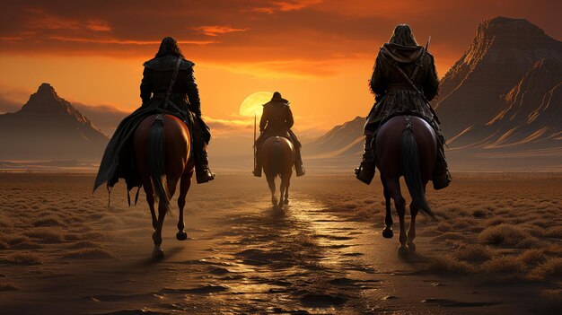 Photo back view of human rides in horse at desert