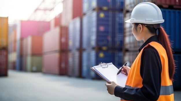 Back view of Industrial Engineer in White Hard Hat checking container at container yard warehouse L