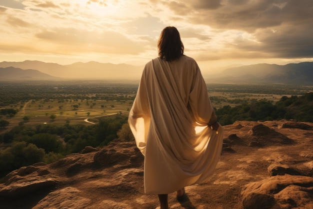 Back view of Jesus Christ in a serene natural setting Easter and religion