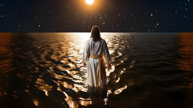 Back view of Jesus Christ walking on water at fantastic night