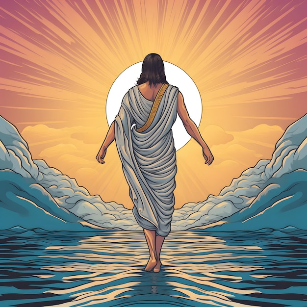 Задний вид Иисуса Христа, идущего по воде в море