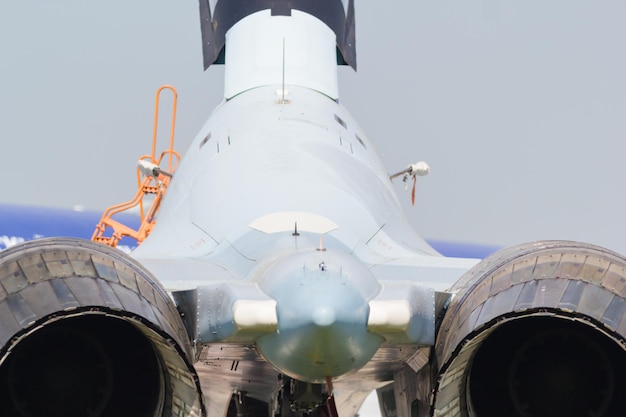 Back view of the jet fighter shot of the turbines