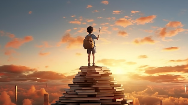 Photo back view of kid girl with backpack standing on top of stack of books