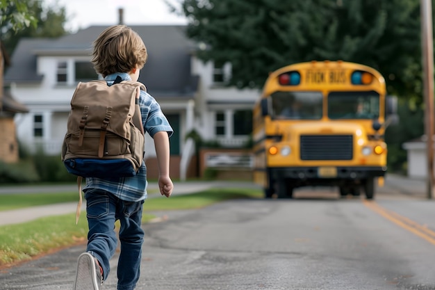 Задний вид ребенка с рюкзаком, бегущего к школьному автобусу Концепция "Возвращение в школу"