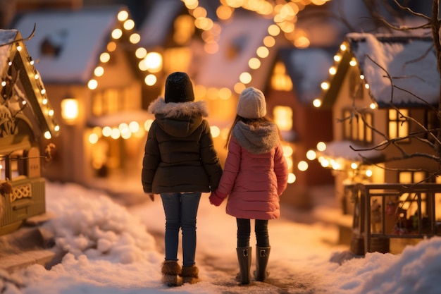 Back view of kids walking on snowy street at night