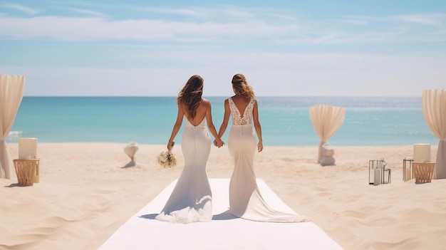 Back view of Lesbian wedding couple in white dresses on white sand beach