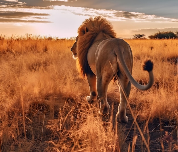 Back view of a lion walking in a grassy savannah in the style of wildlife documentary Generative AI