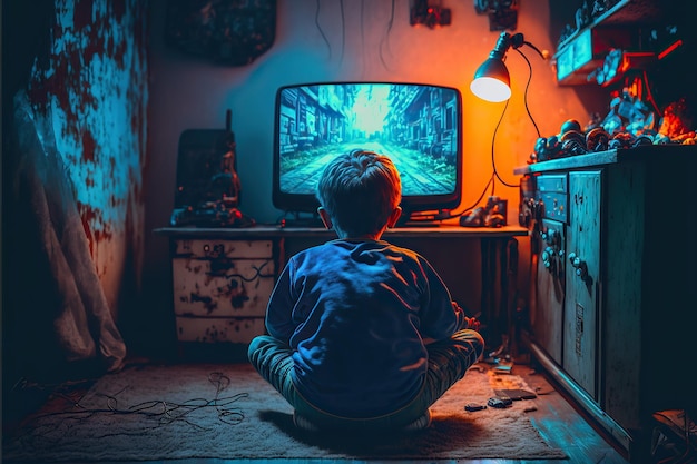 Back view little boy in his gaming room sitting on the floor playing on Retro video game