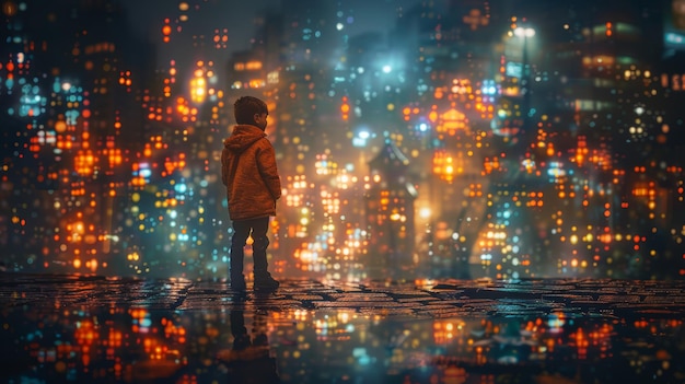 Photo back view of a little boy in a raincoat standing in the middle of the night city