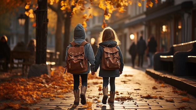 Back view of little kids with backpacks going to school Generative Ai