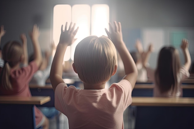 Photo back view of little schoolgirl raising hands up while sitting in classroom little students full rear view raising their hands ai generated