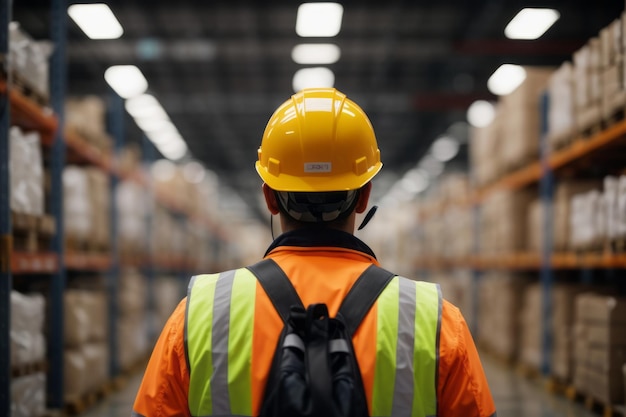 back view of logistics workers in retail warehouse wearing helmets and safety vest