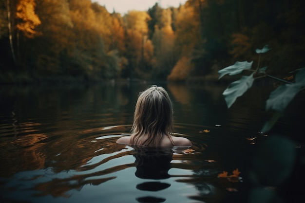 Back view of lonely blonde woman practicing wild swimming relaxing in lake in autumn forest in nature Generative AI