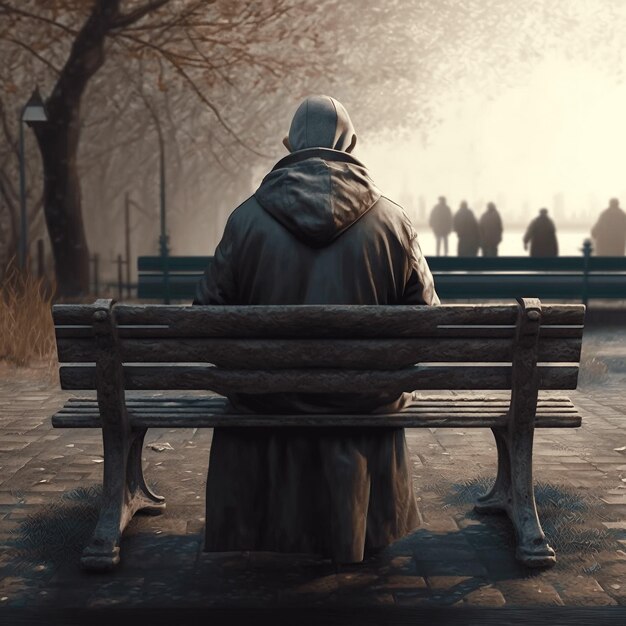 Back view of lonely man siiting on wooden bench in the public park created with generative AI