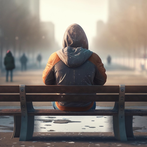 Photo back view of lonely man siiting on wooden bench in the public park