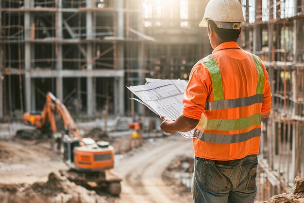 Vista posteriore di un ingegnere maschio che guarda il cantiere con una gru sullo sfondo ai generativa