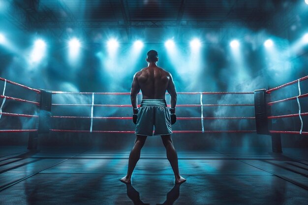 Photo back view of male kickboxer standing in boxing ring