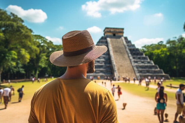 Back view a male tourist looks at in Chichen Itza Mexico