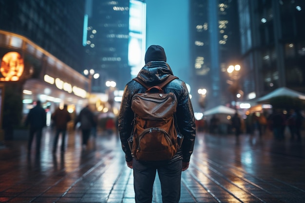 Back view of male tourist with backpack looking forward at rainy night street light in big city