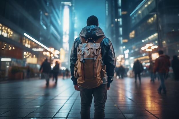 Задний вид мужского туриста с рюкзаком, с нетерпением ожидающего дождливого ночного уличного фонаря в большом городе