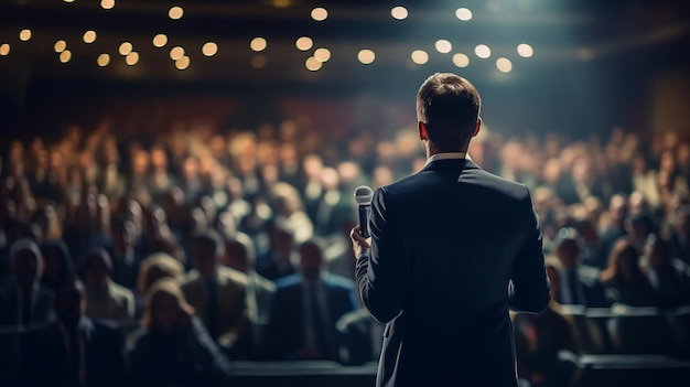 Back view of man in business suit giving a speech on the stage in front of the audience