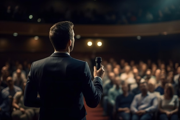 Back View Of Man In Business Suit Giving A Speech On The Stage In Front Of The Audience