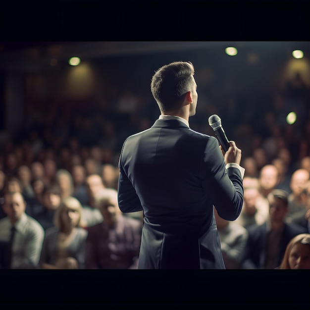 Back View Of Man In Business Suit Giving A Speech On The Stage In Front Of The Audience