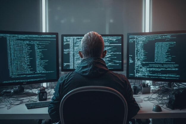 back view of man coding programming developing software for cyber attacks on pc generative ai