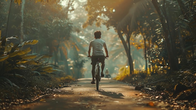 Back view of man cycling thro the forest in the morning