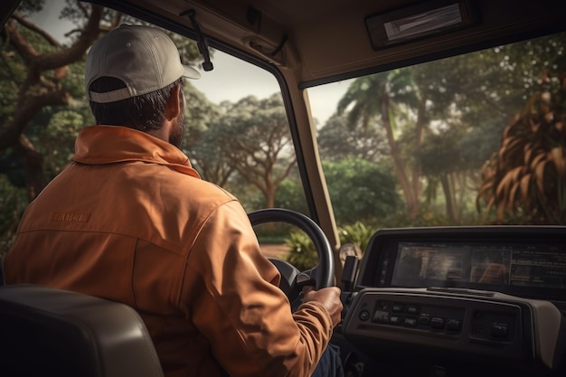 back view of man driving cart in tropical forest closeup shot