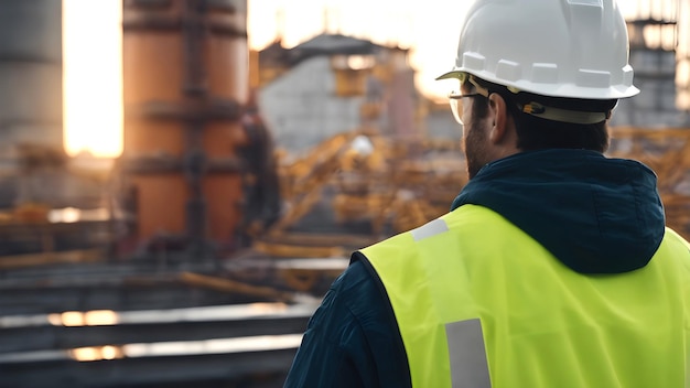 Back view on man engineer in uniform and safety hard hat on the factory