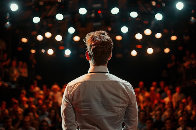 back view of man in headphones listening to music on stage during concert