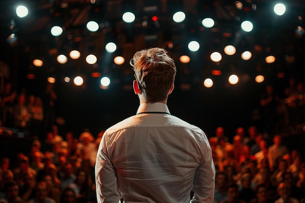 Photo back view of man in headphones listening to music on stage during concert