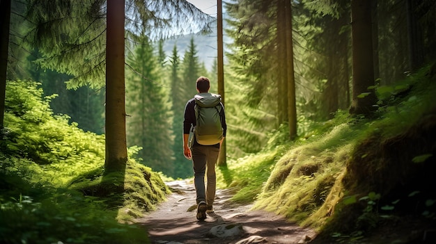 Back view of a man hiking in the woods