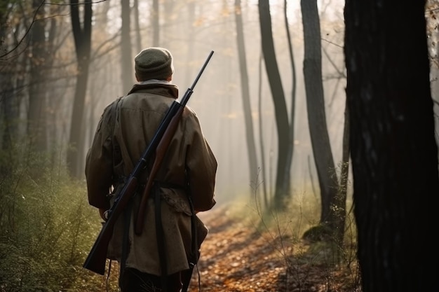 Фото Вид сзади человек охотник лесной туман generate ai