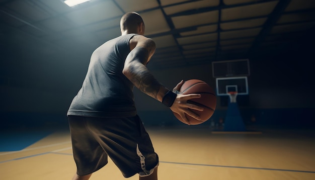 Back view of a man playing basketball in a dark room AI generated