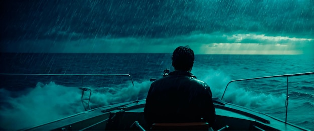 Back view of a man sailing a boat in a storm