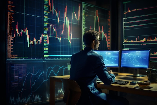 Back view of a man sitting in front of monitor doing analysis the chart of stock market or forex financial trading concept