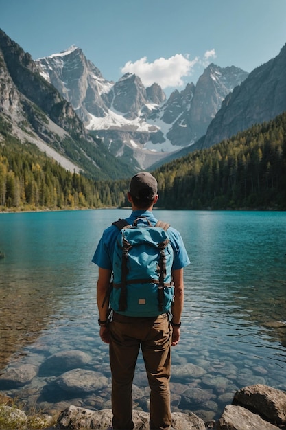 Back view of a man standing alone near a river and big mountains