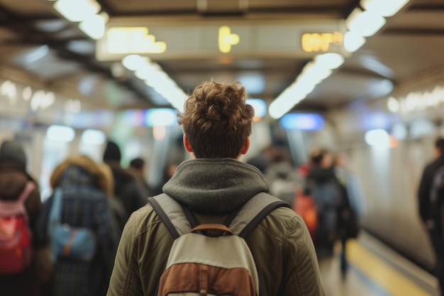 Foto vista posteriore di un uomo in piedi in una metropolitana trafficata con sfondo sfocato ai generativa