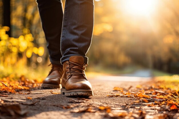 Foto vista posteriore di un uomo che cammina nel parco autunnale ia generativa