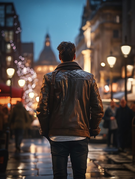 back view man walking through london travel man with landscape travel blog