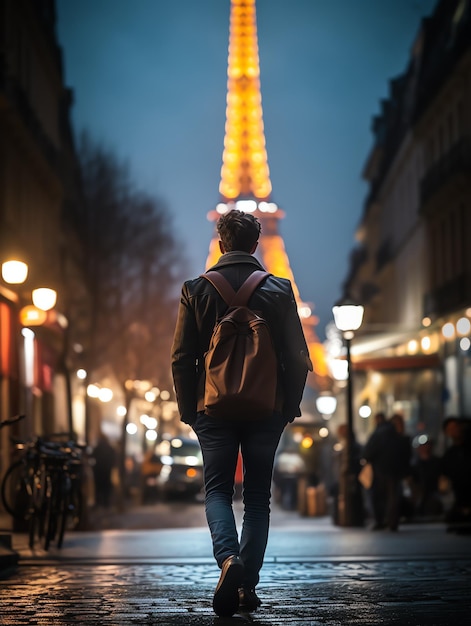 back view man walking through paris travel man with landscape travel blog