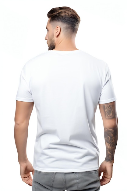 Вид сзади человека в белой футболке на белом фоне