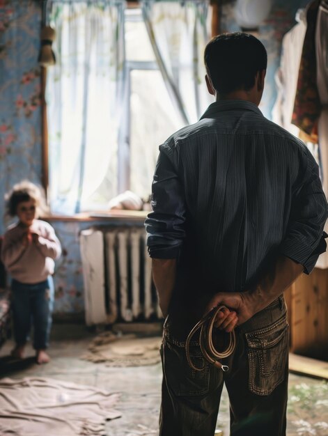 乱れた部屋でベルトを握った男が子供と向き合っている後ろの景色は,家庭の動の重さを呼び起こします