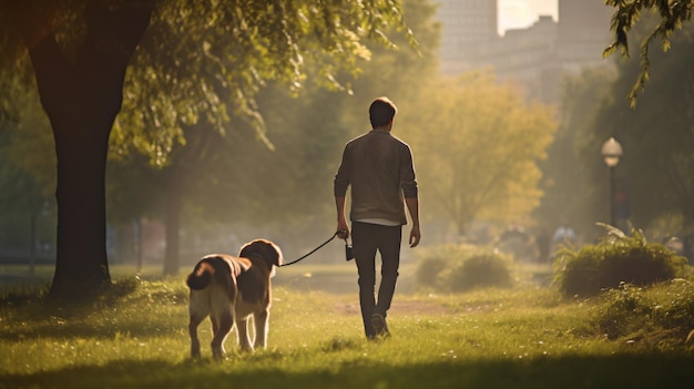 夏に歩く犬を飼っている男の後ろの景色