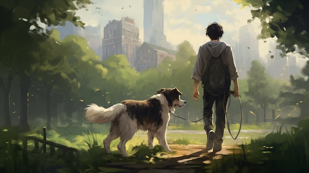 Back view of a man with a dog walking in a summer