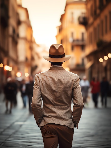 back view man with hat walking through Rome streets travel man with landscape travel blog