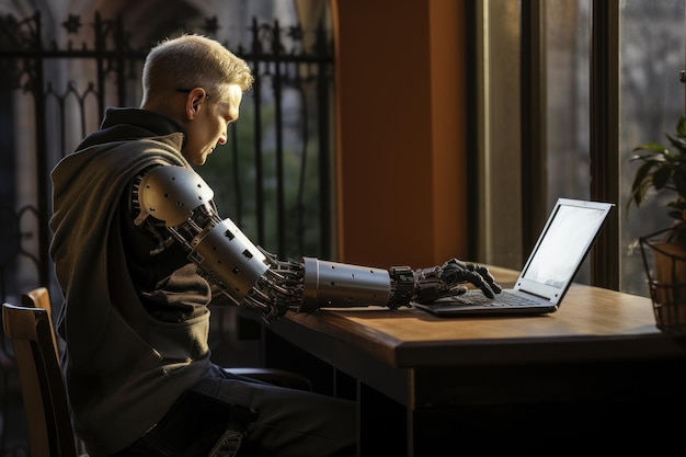 Back view of a man with a prosthetic hand using